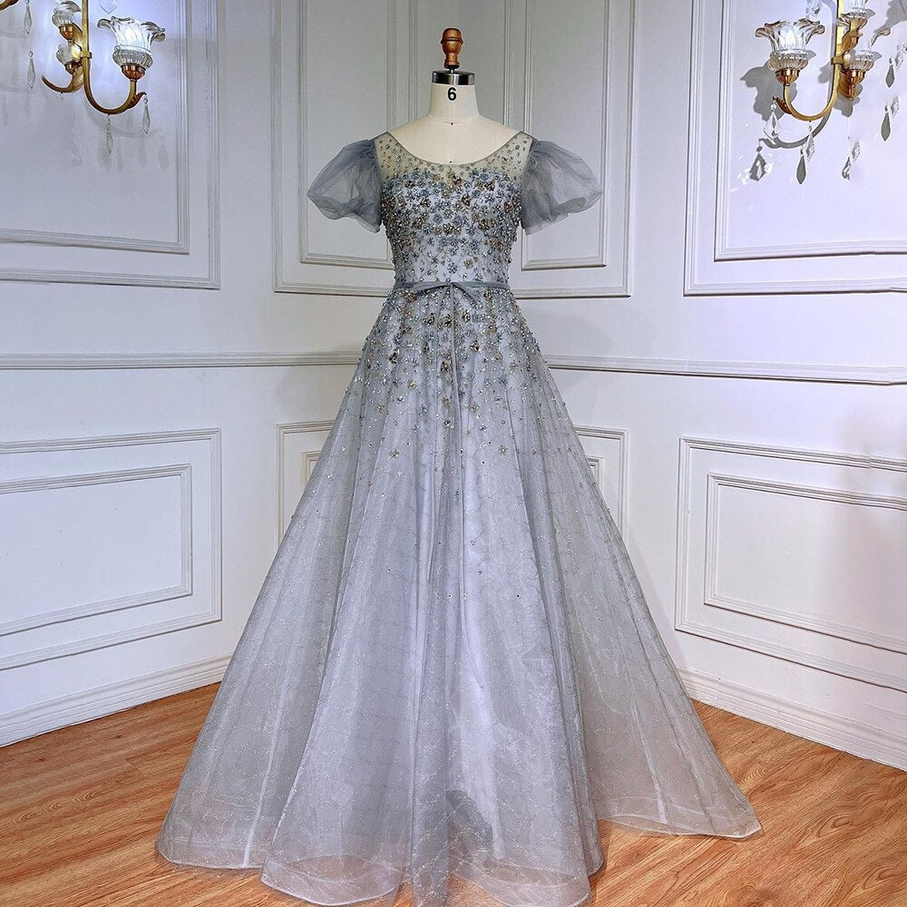 Vestidos de noche de lujo grises, corte A, sexys, largos hasta el suelo, con cuentas y cuello redondo, para mujer, estilo árabe, fiesta 2025, LA71839