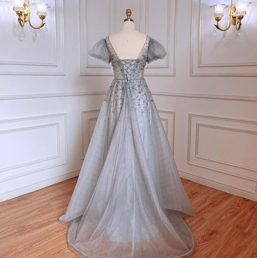 Vestidos de noche de lujo grises, corte A, sexys, largos hasta el suelo, con cuentas y cuello redondo, para mujer, estilo árabe, fiesta 2025, LA71839