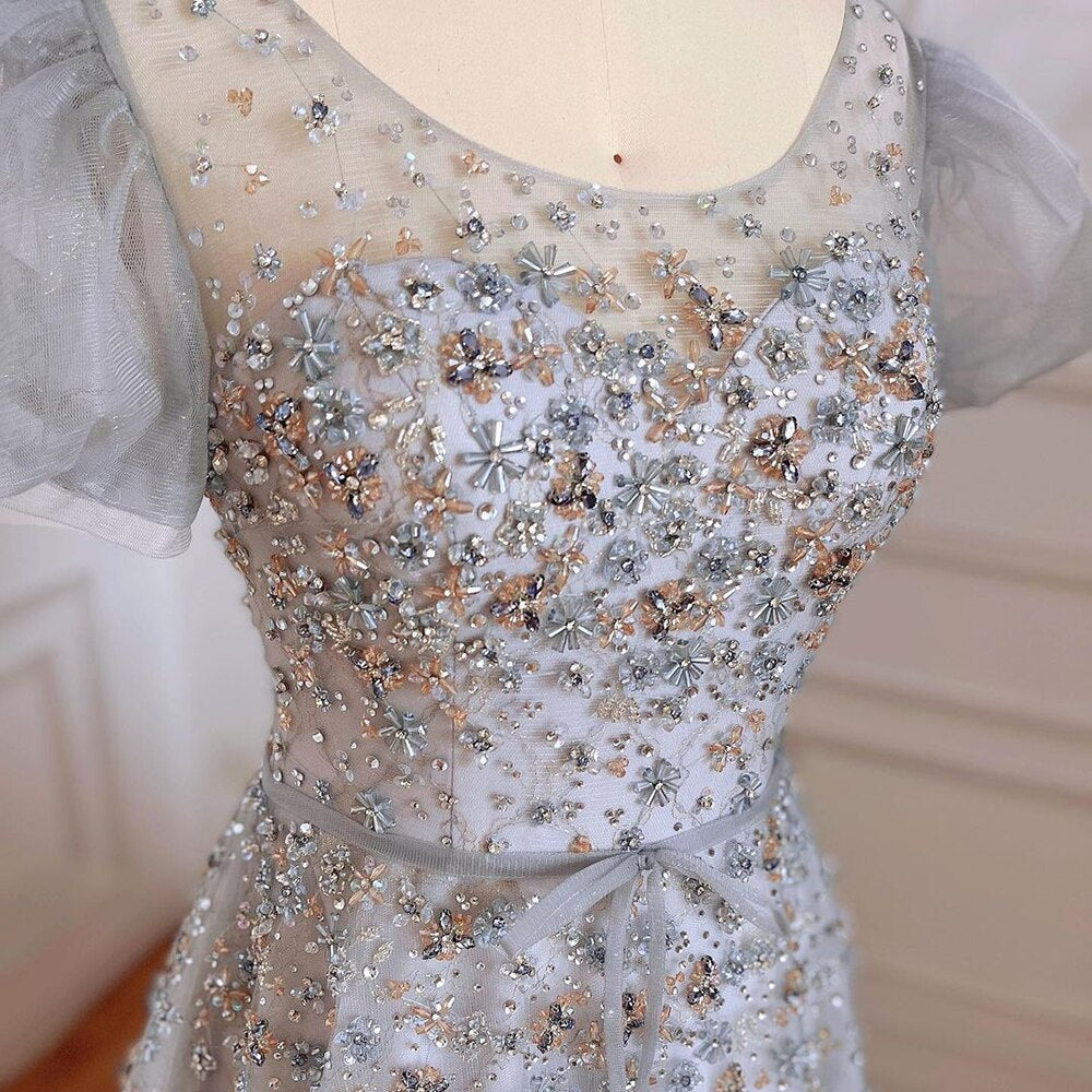 Vestidos de noche de lujo grises, corte A, sexys, largos hasta el suelo, con cuentas y cuello redondo, para mujer, estilo árabe, fiesta 2025, LA71839
