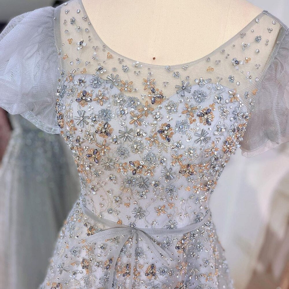 Vestidos de noche de lujo grises, corte A, sexys, largos hasta el suelo, con cuentas y cuello redondo, para mujer, estilo árabe, fiesta 2025, LA71839