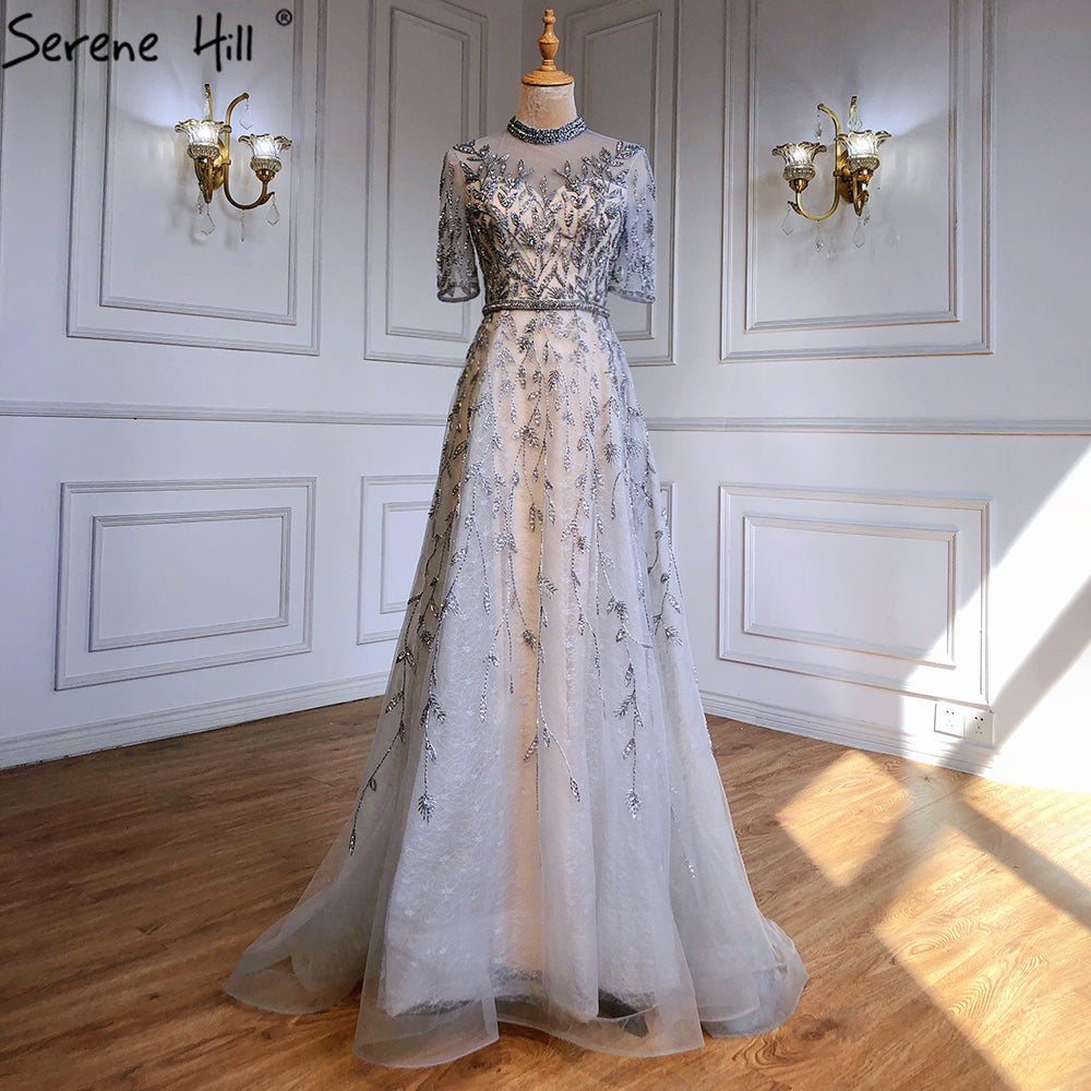Grey Beaded Sparkle A-Line Evening Dresses Gowns 2025 Half Sleeves Luxury For Women Party LA71378