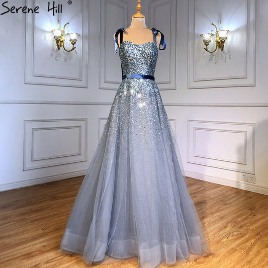 Vestidos de noche de lujo en gris y azul, corte A, 2025, tirantes finos, con cuentas, sexys, para mujer, fiesta, LA70888