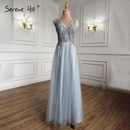 Vestidos de noche sexys de corte A en gris y azul, 2025, con cuentas, sin mangas, sencillos, para mujer, para fiesta, LA71257