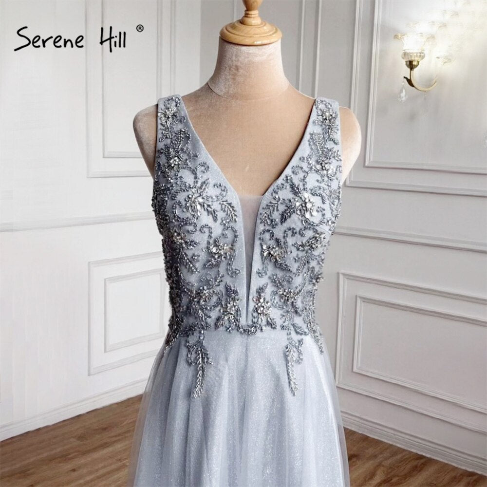 Vestidos de noche sexys de corte A en gris y azul, 2025, con cuentas, sin mangas, sencillos, para mujer, para fiesta, LA71257