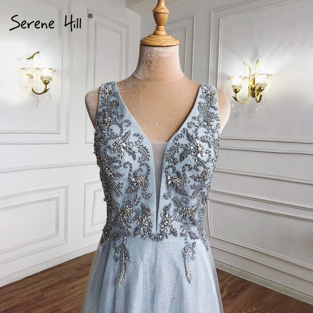 Vestidos de noche sexys de corte A en gris y azul, 2025, con cuentas, sin mangas, sencillos, para mujer, para fiesta, LA71257