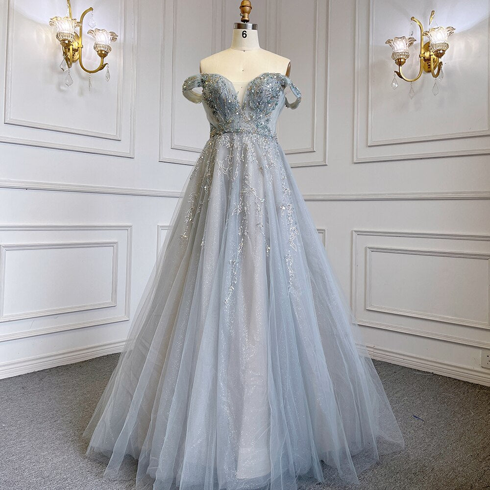 Vestido de noche de lujo con cuentas, corte A, sexy, con falda de tirantes y mangas cortas, color gris azulado, para mujer, fiesta, LA71740