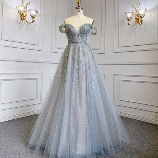 Vestido de noche de lujo con cuentas, corte A, sexy, con falda de tirantes y mangas cortas, color gris azulado, para mujer, fiesta, LA71740