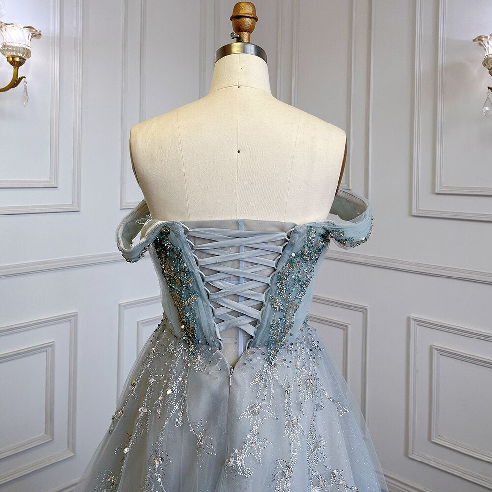 Vestido de noche de lujo con cuentas, corte A, sexy, con falda de tirantes y mangas cortas, color gris azulado, para mujer, fiesta, LA71740