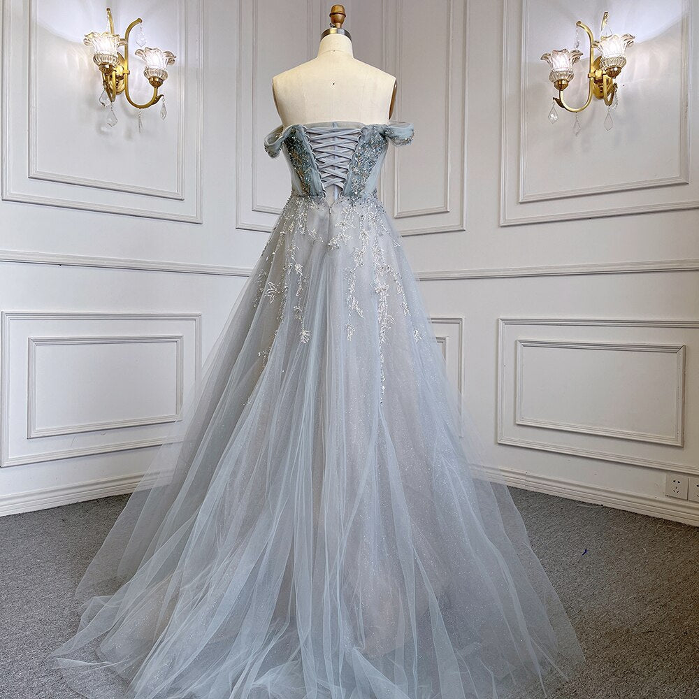 Vestido de noche de lujo con cuentas, corte A, sexy, con falda de tirantes y mangas cortas, color gris azulado, para mujer, fiesta, LA71740