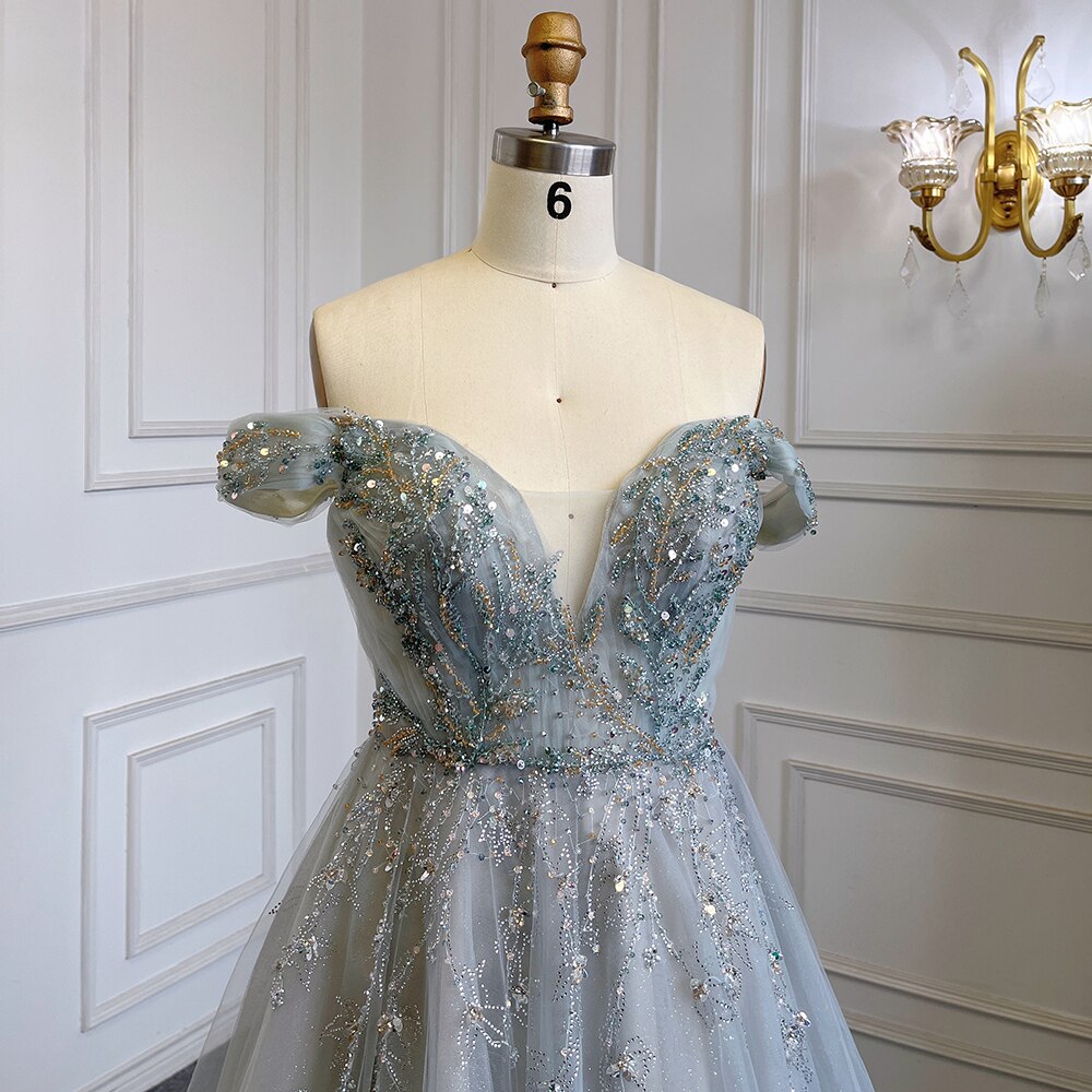 Vestido de noche de lujo con cuentas, corte A, sexy, con falda de tirantes y mangas cortas, color gris azulado, para mujer, fiesta, LA71740