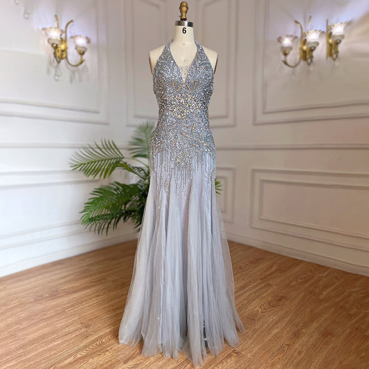 Vestido de noche árabe, gris, largo hasta el suelo, estilo sirena, sexy, con cuello halter, borlas de cristal y cuentas, 2025, LA6151