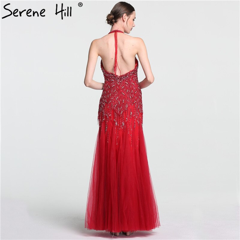 Vestido de noche árabe, gris, largo hasta el suelo, estilo sirena, sexy, con cuello halter, borlas de cristal y cuentas, 2025, LA6151