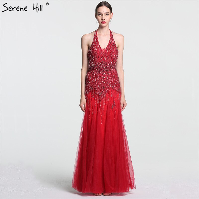 Vestido de noche árabe, gris, largo hasta el suelo, estilo sirena, sexy, con cuello halter, borlas de cristal y cuentas, 2025, LA6151