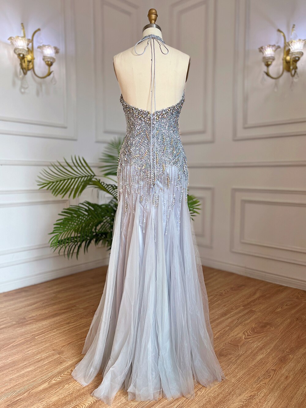 Vestido de noche árabe, gris, largo hasta el suelo, estilo sirena, sexy, con cuello halter, borlas de cristal y cuentas, 2025, LA6151