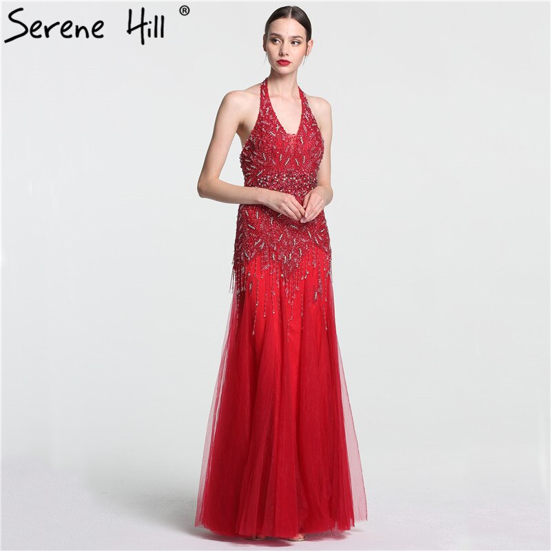 Vestido de noche árabe, gris, largo hasta el suelo, estilo sirena, sexy, con cuello halter, borlas de cristal y cuentas, 2025, LA6151
