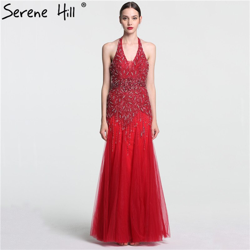 Vestido de noche árabe, gris, largo hasta el suelo, estilo sirena, sexy, con cuello halter, borlas de cristal y cuentas, 2025, LA6151