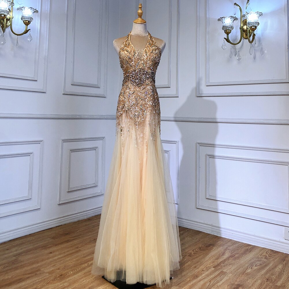 Vestido de noche árabe, gris, largo hasta el suelo, estilo sirena, sexy, con cuello halter, borlas de cristal y cuentas, 2025, LA6151
