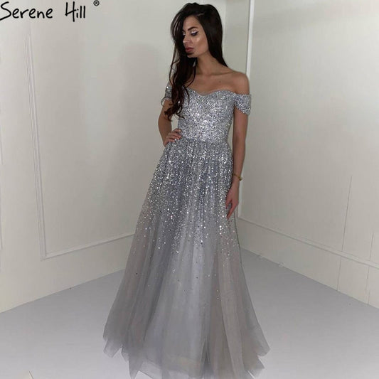 Vestidos de noche grises de lujo, corte A, 2025, con cuentas brillantes, sexys, para mujer, para bodas y fiestas LA70802