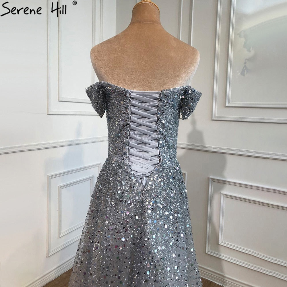 Vestidos de noche grises de lujo, corte A, 2025, con cuentas brillantes, sexys, para mujer, para bodas y fiestas LA70802