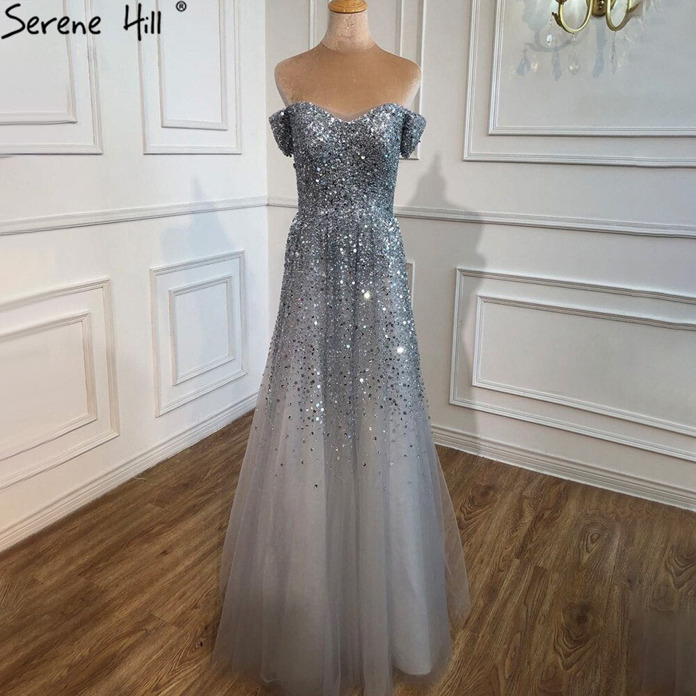 Vestidos de noche grises de lujo, corte A, 2025, con cuentas brillantes, sexys, para mujer, para bodas y fiestas LA71188