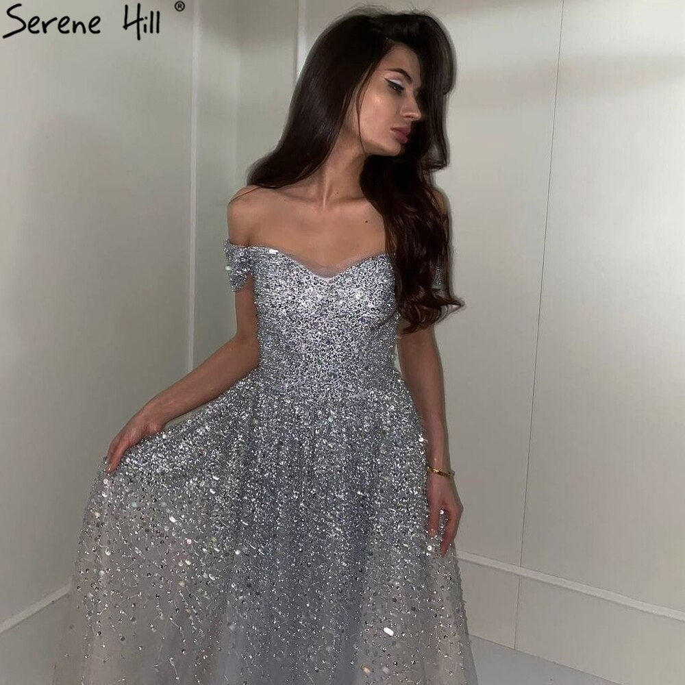 Vestidos de noche grises de lujo, corte A, 2025, con cuentas brillantes, sexys, para mujer, para bodas y fiestas LA71188