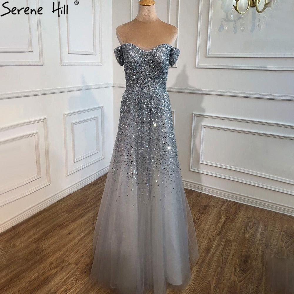 Vestidos de noche grises de lujo, corte A, 2025, con cuentas brillantes, sexys, para mujer, para bodas y fiestas LA70802