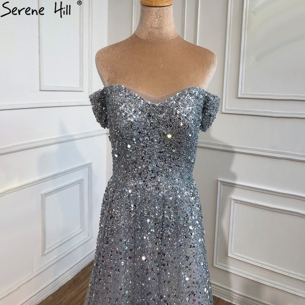 Vestidos de noche grises de lujo, corte A, 2025, con cuentas brillantes, sexys, para mujer, para bodas y fiestas LA70802