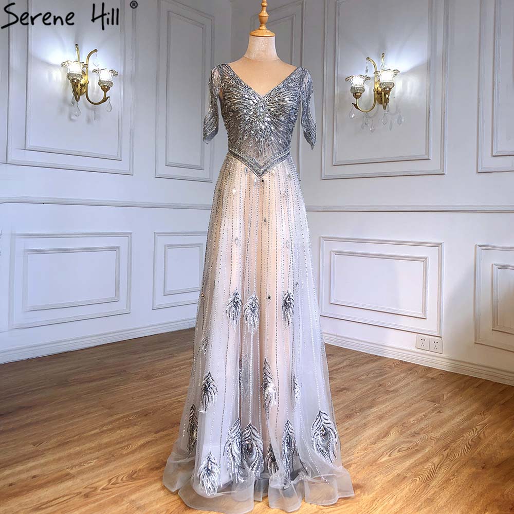 Vestidos de noche grises de lujo, corte A, 2025, mangas cortas, con cuentas y cordones, para mujer, fiesta, LA71379