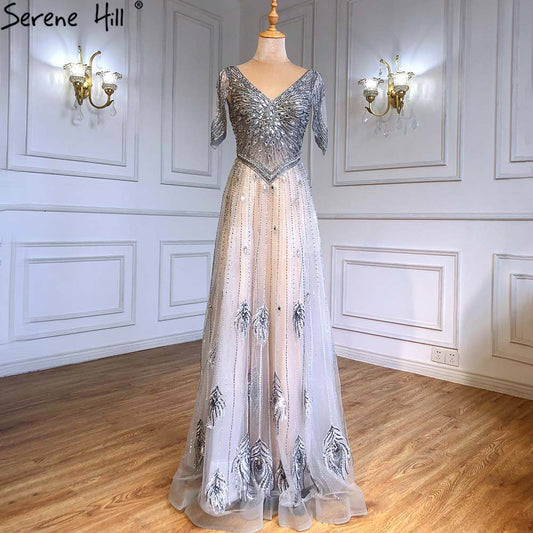 Vestidos de noche grises de lujo, corte A, 2025, mangas cortas, con cuentas y cordones, para mujer, fiesta, LA71379