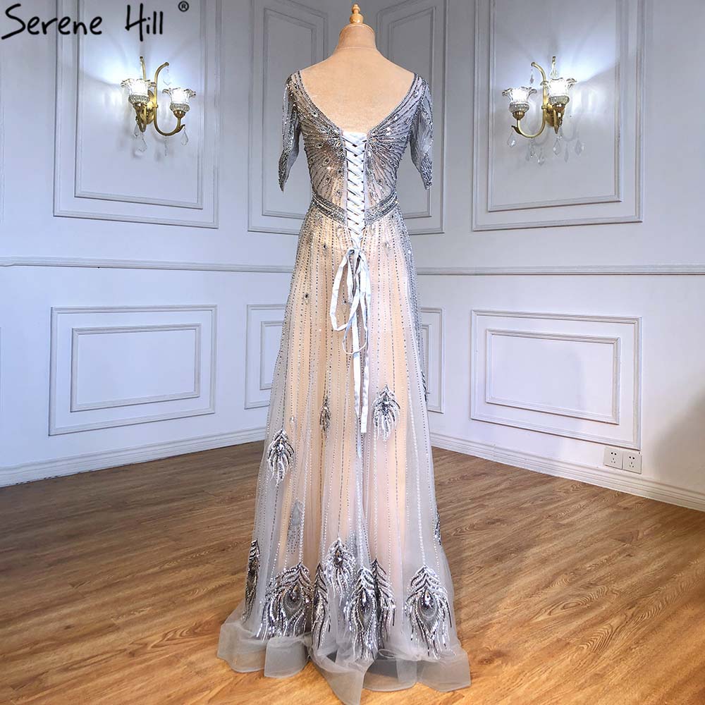 Vestidos de noche grises de lujo, corte A, 2025, mangas cortas, con cuentas y cordones, para mujer, fiesta, LA71379