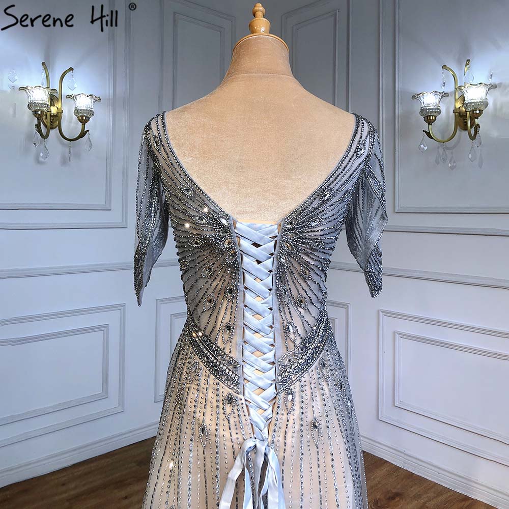 Vestidos de noche grises de lujo, corte A, 2025, mangas cortas, con cuentas y cordones, para mujer, fiesta, LA71379