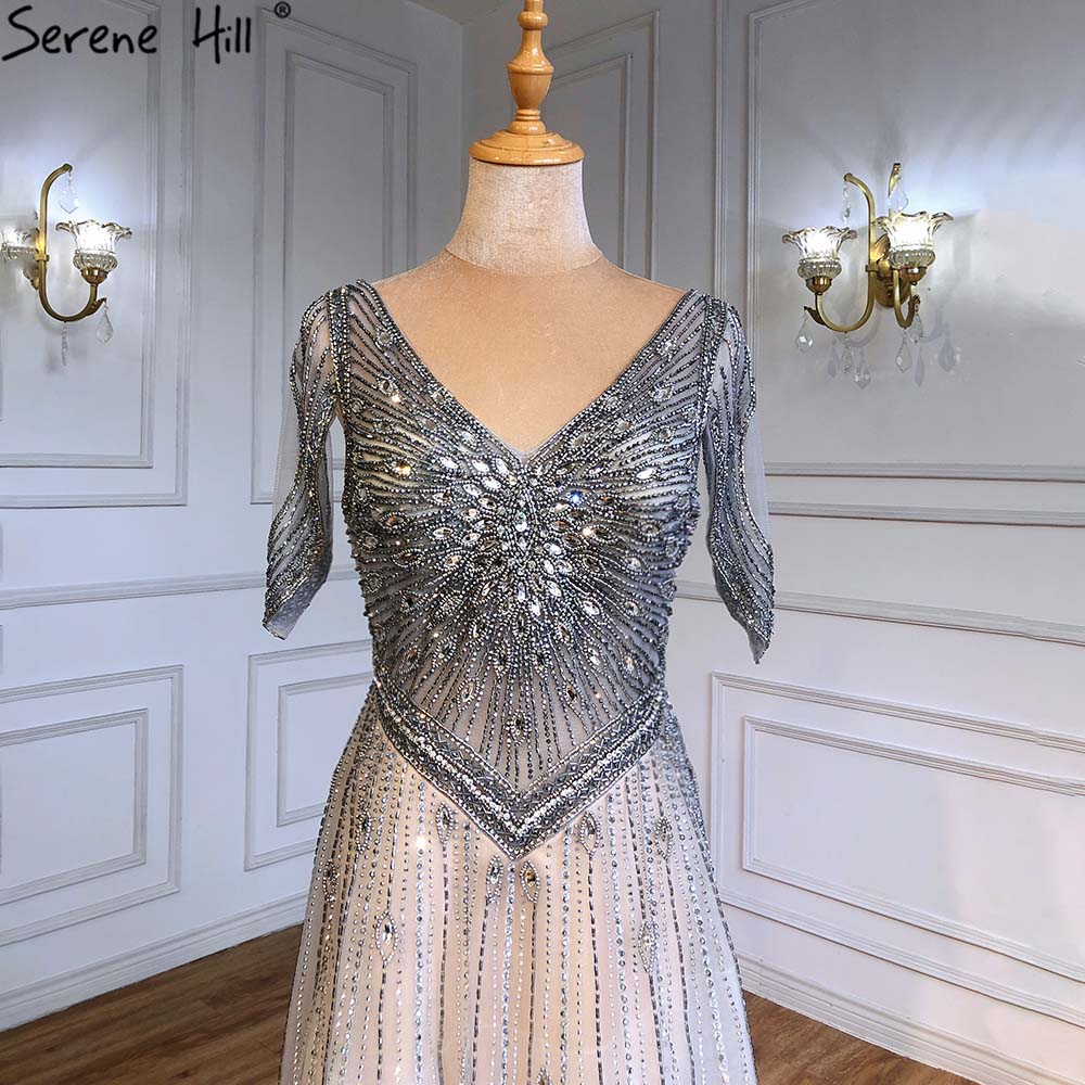 Vestidos de noche grises de lujo, corte A, 2025, mangas cortas, con cuentas y cordones, para mujer, fiesta, LA71379