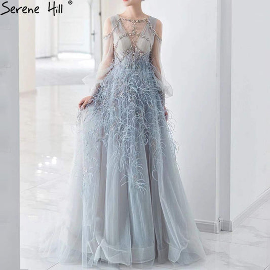 Vestidos de noche grises de lujo, corte A, 2025, mangas largas, con plumas de diamante para mujer, fiesta LA71495