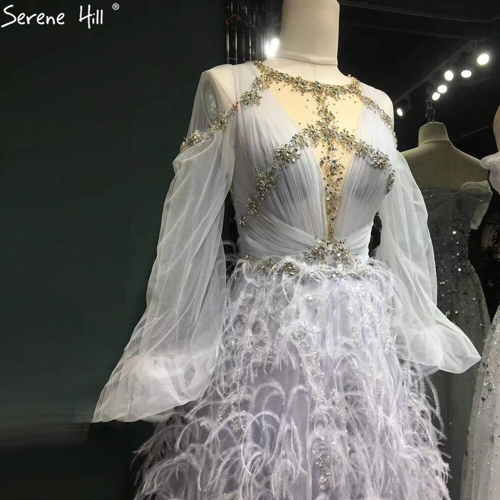 Vestidos de noche grises de lujo, corte A, 2025, mangas largas, con plumas de diamante para mujer, fiesta LA71495