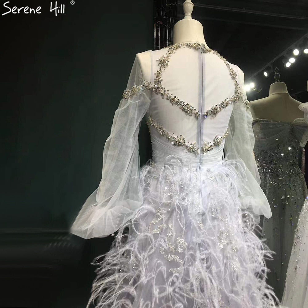 Vestidos de noche grises de lujo, corte A, 2025, mangas largas, con plumas de diamante para mujer, fiesta LA71495