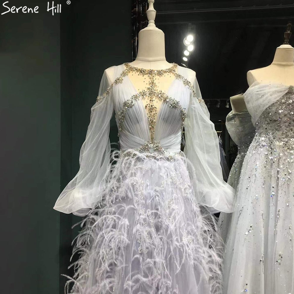 Vestidos de noche grises de lujo, corte A, 2025, mangas largas, con plumas de diamante para mujer, fiesta LA71495