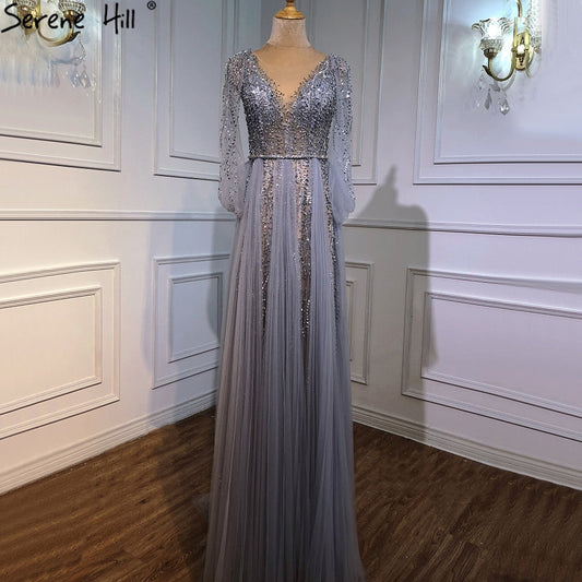 Vestidos de noche grises de lujo, corte A, sexys, con cuentas de diamantes, elegantes, para mujer, para fiesta, LA70788