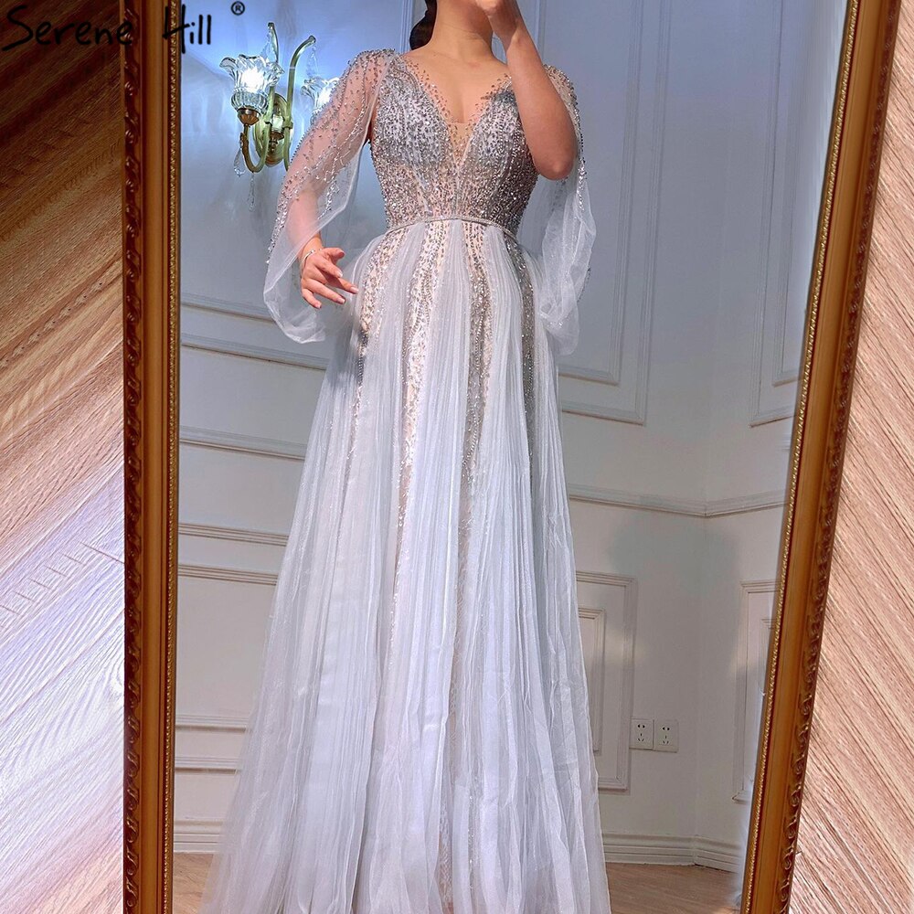 Vestidos de noche grises de lujo, corte A, sexys, con cuentas de diamantes, elegantes, para mujer, para fiesta, LA70788