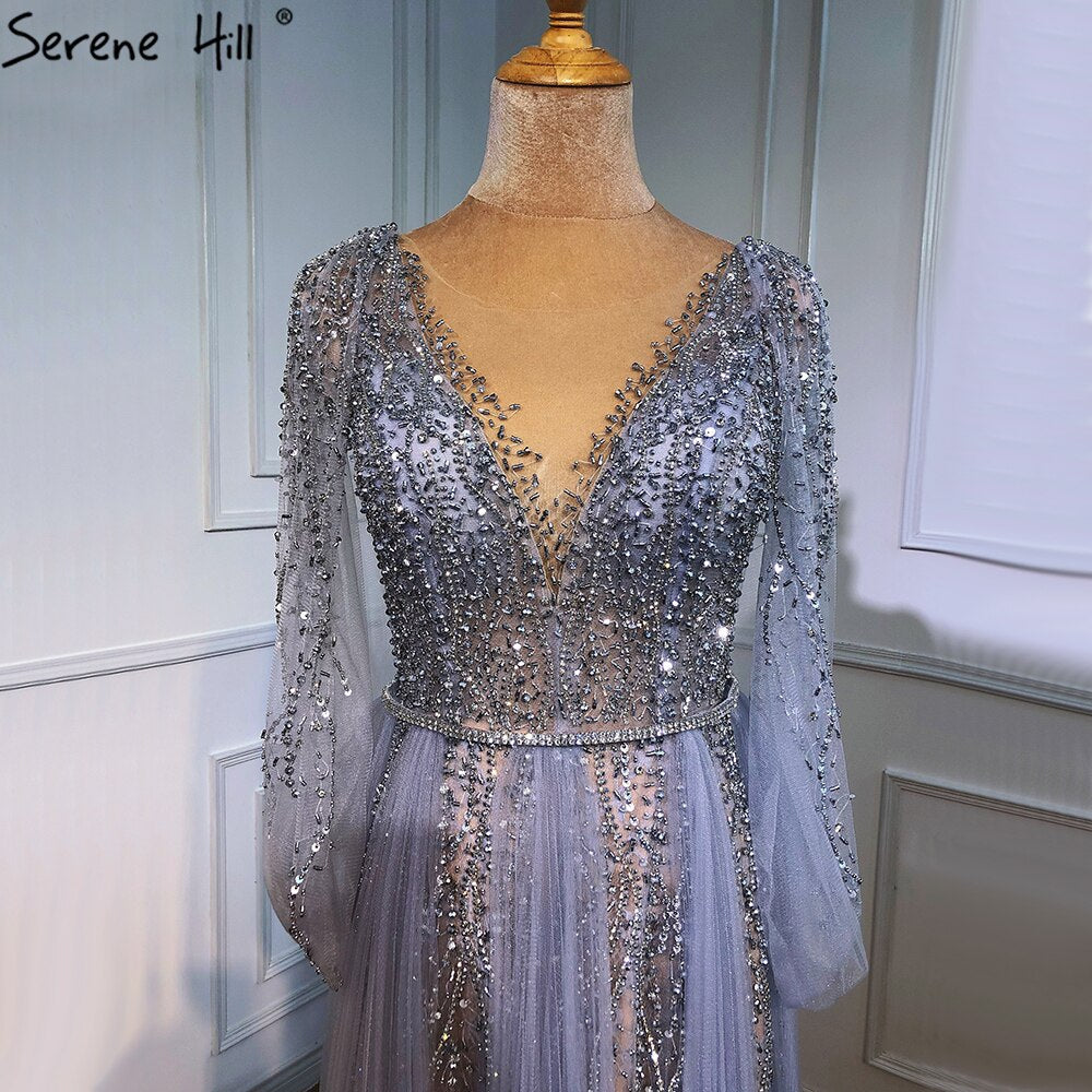 Vestidos de noche grises de lujo, corte A, sexys, con cuentas de diamantes, elegantes, para mujer, para fiesta, LA70788