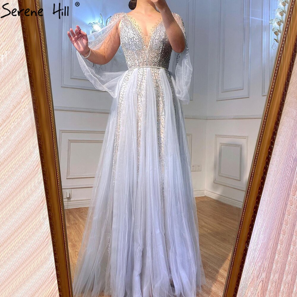 Vestidos de noche grises de lujo, corte A, sexys, con cuentas de diamantes, elegantes, para mujer, para fiesta, LA70788