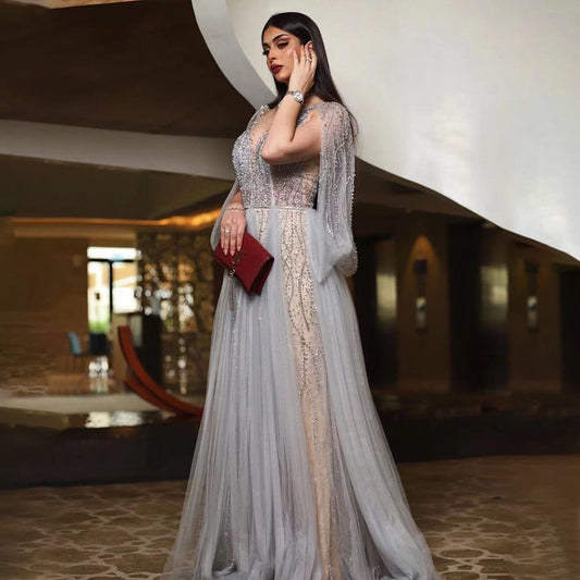 Vestidos de noche grises de lujo, corte A, sexys, con cuentas de diamantes, elegantes, para mujer, fiesta, LA70788