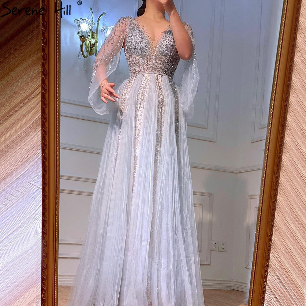 Vestidos de noche grises de lujo, corte A, sexys, con cuentas de diamantes, elegantes, para mujer, fiesta, LA70788