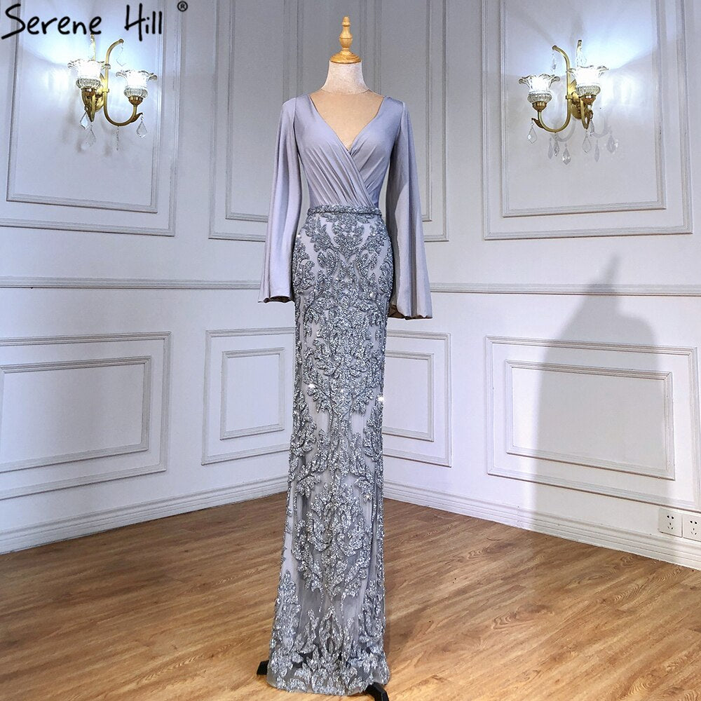 Vestido de noche de sirena de lujo gris, elegante, con cuentas y mangas farol para mujer, para fiesta LA71484