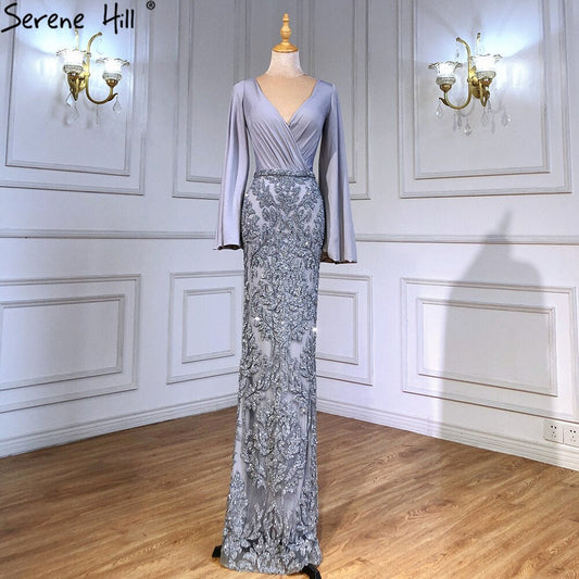 Vestido de noche de sirena de lujo gris, elegante, con cuentas y mangas farol para mujer, para fiesta LA71484