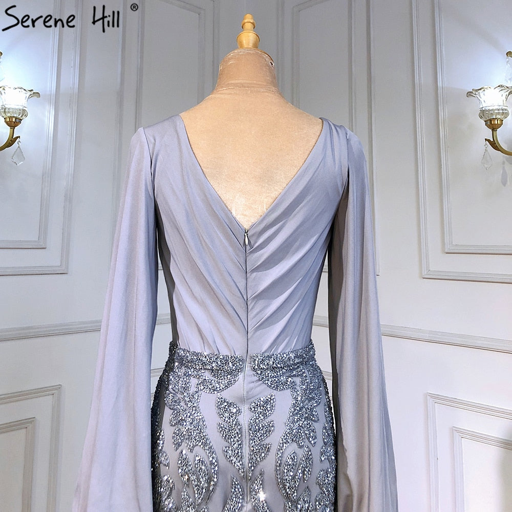 Vestido de noche de sirena de lujo gris, elegante, con cuentas y mangas farol para mujer, para fiesta LA71484