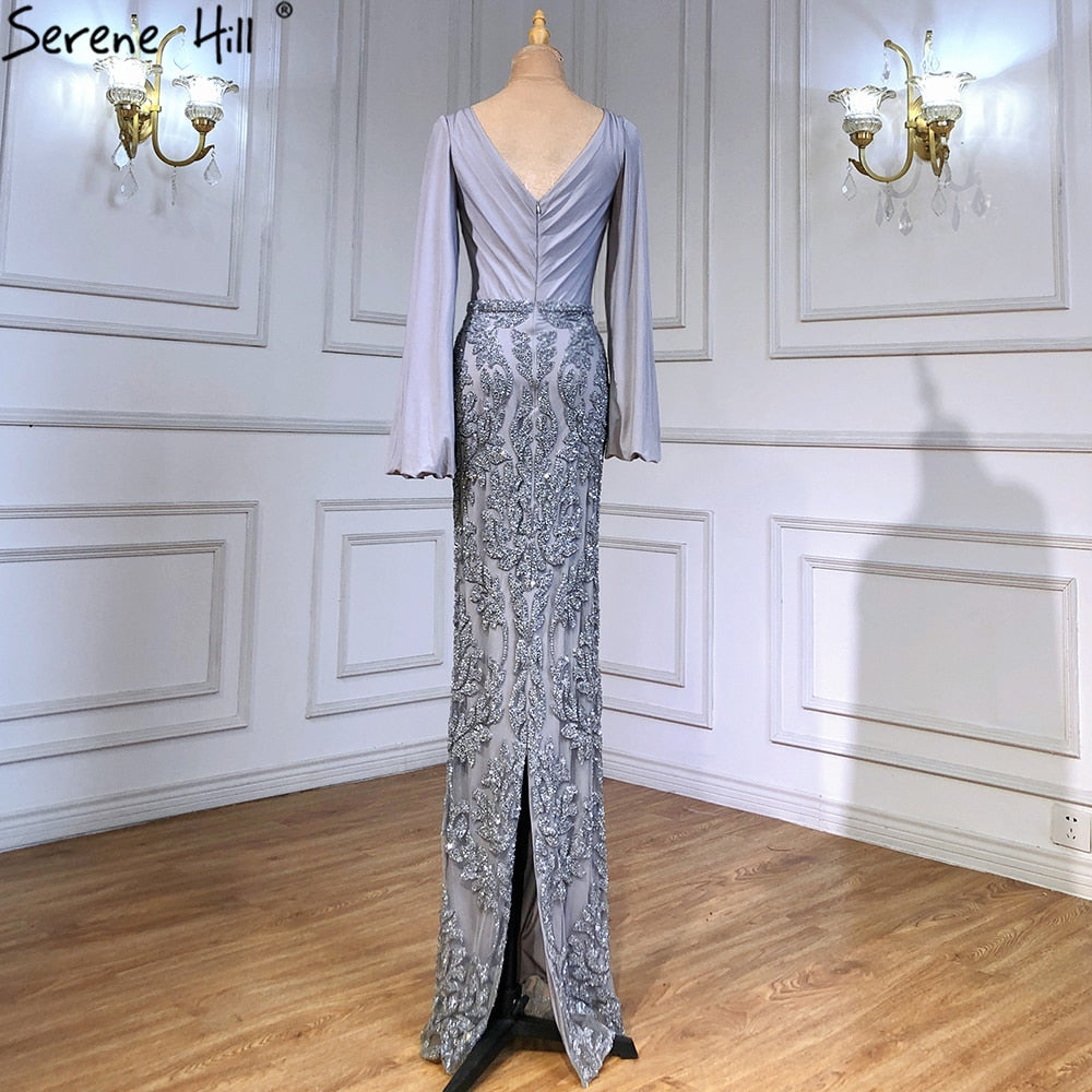 Vestido de noche de sirena de lujo gris, elegante, con cuentas y mangas farol para mujer, para fiesta LA71484