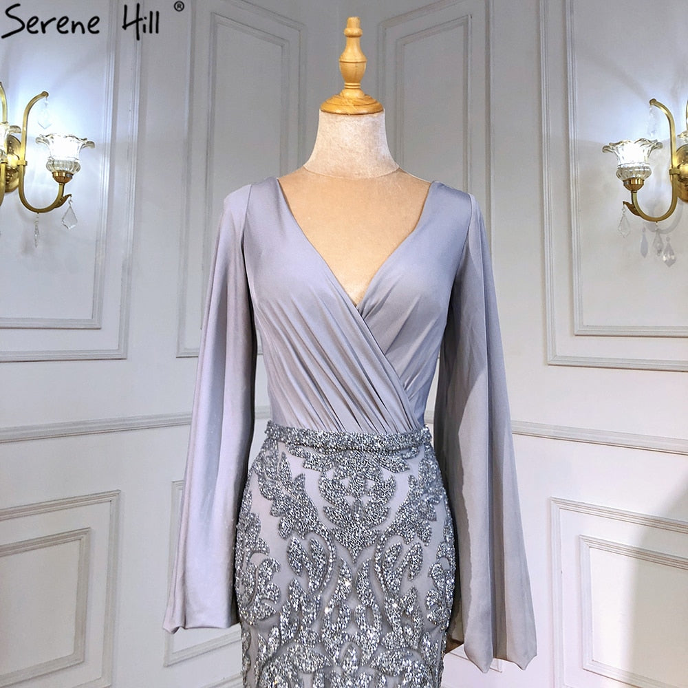 Vestido de noche de sirena de lujo gris, elegante, con cuentas y mangas farol para mujer, para fiesta LA71484
