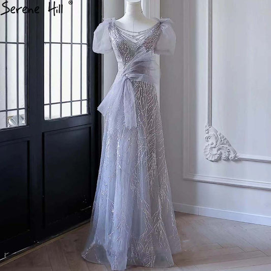 Vestidos de noche grises de lujo con mangas abullonadas, corte A y cuentas, para mujer, para fiesta, LA71474