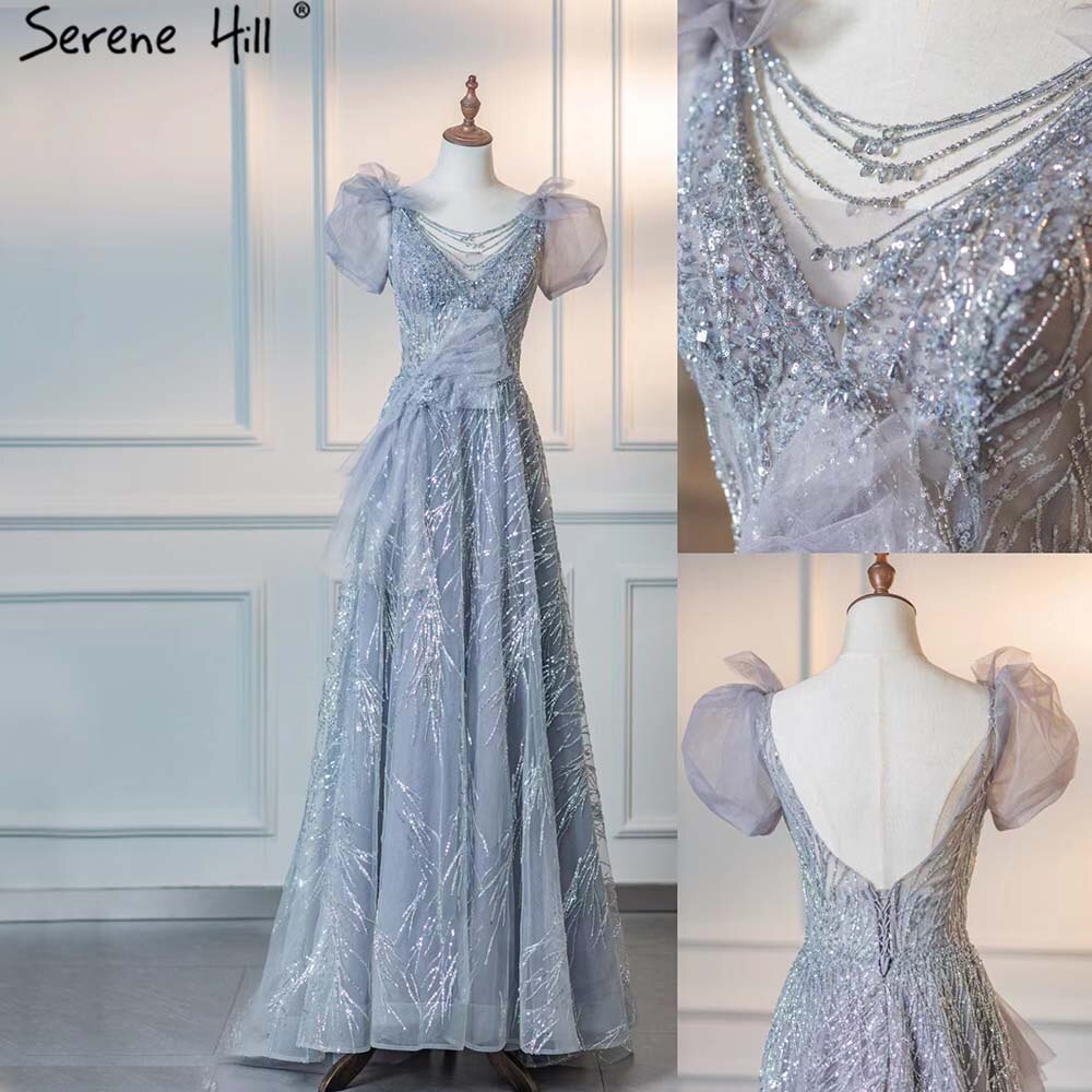 Vestidos de noche grises de lujo con mangas abullonadas, corte A y cuentas, para mujer, para fiesta, LA71474
