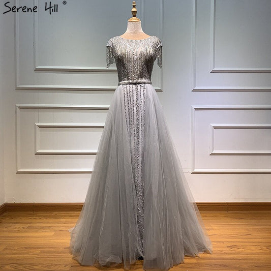 Vestido de noche gris de lujo con cola, 2025, con cuentas, borlas y mangas cortas para mujer, fiesta LA60874